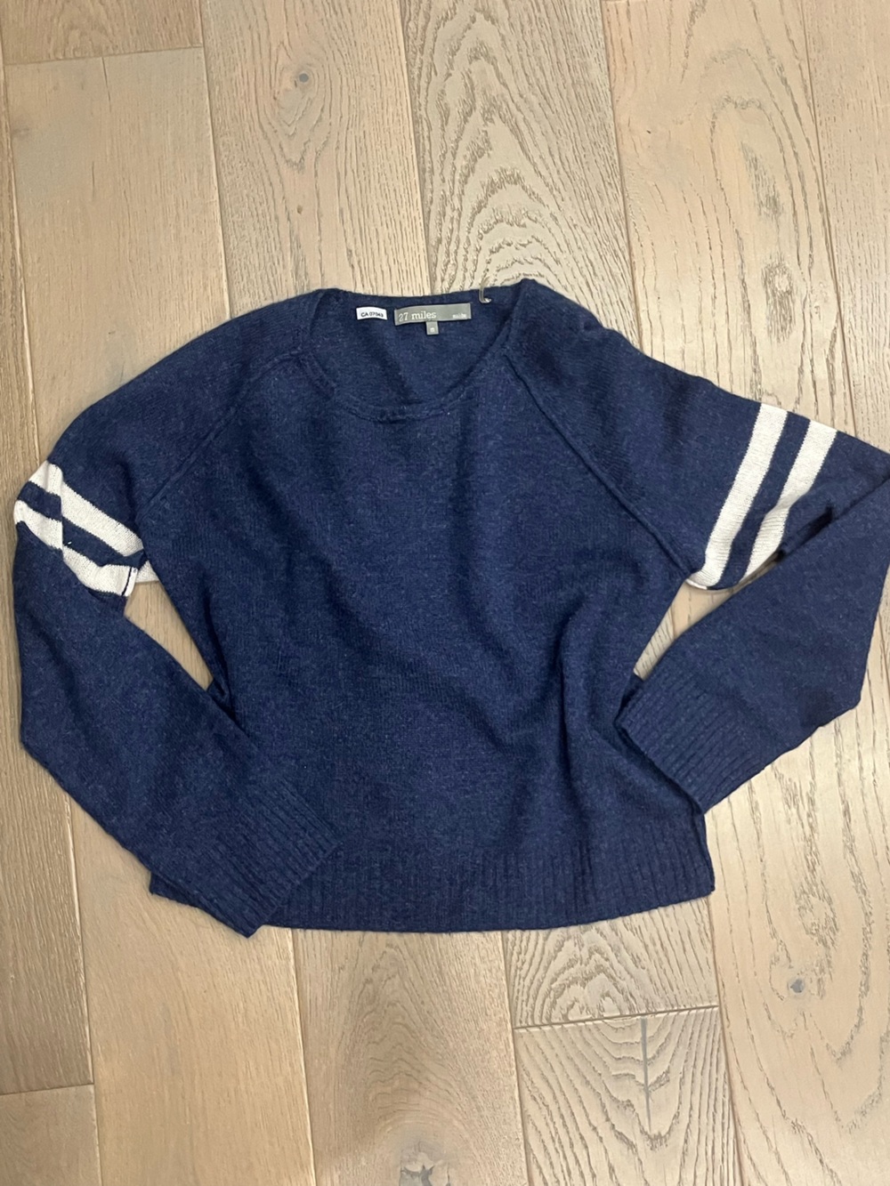Ladies Navy Crewneck Sweater with Striped Sleeves